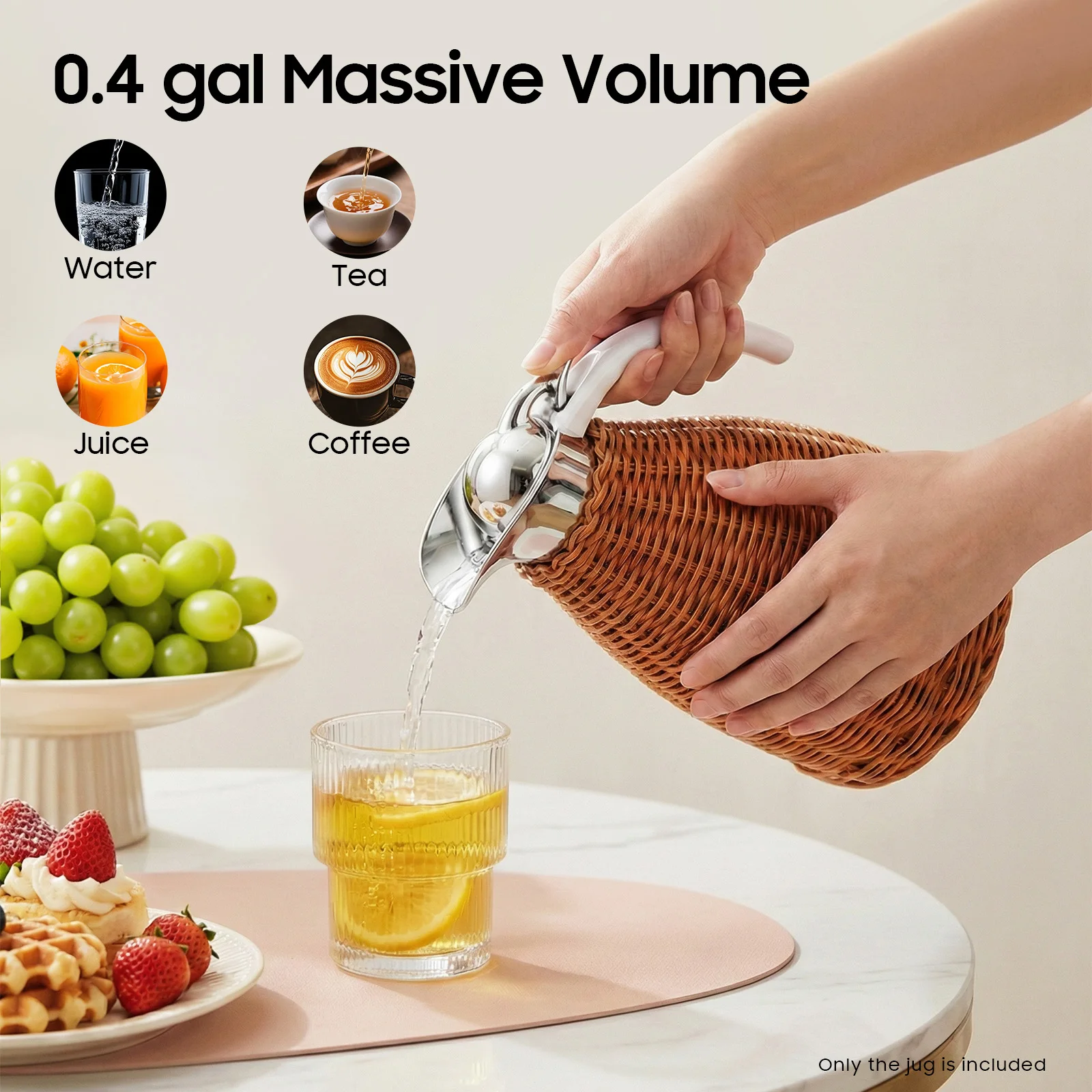 Stainless Steel Coffee Thermal Jug, Double Walled Vacuum Insualted Jug, Retro Round Rattan Thermal Jug 1.5L/0.4 Gal