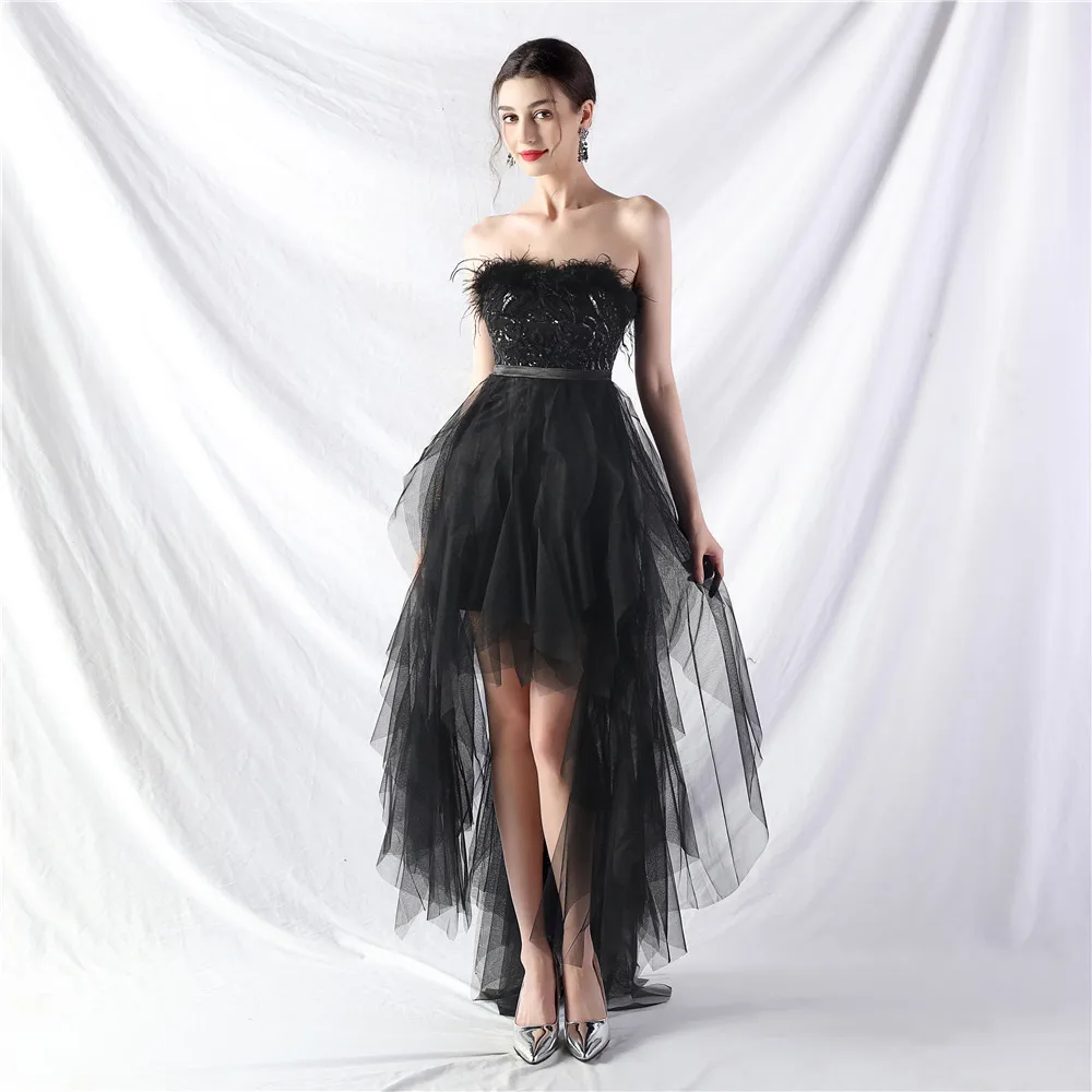 

High Quality Black 2024 Evening Dress Strapless High Low Chic Feathers Sequin Tulle Homecoming Prom Party Gowns Dropshipping