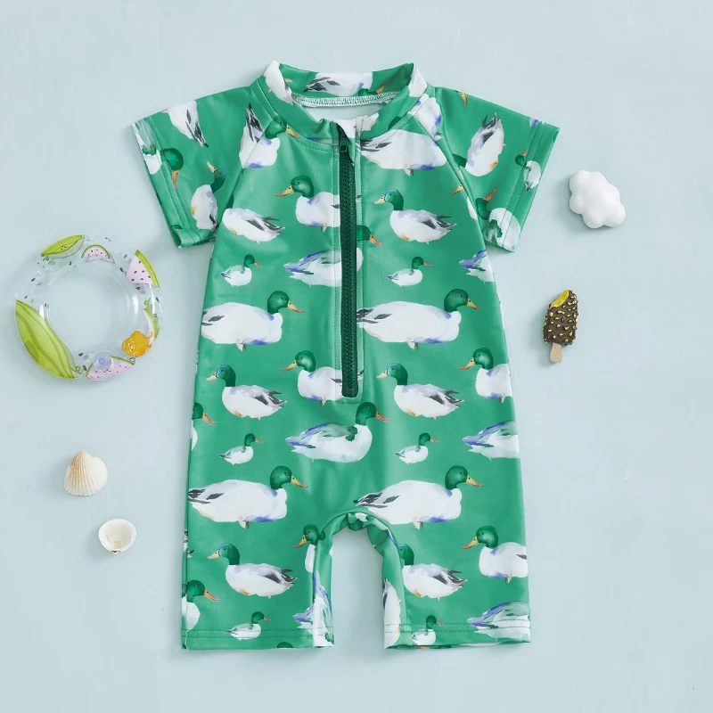 

Toddler Rash Guard Swimsuit Wild Duck Print Zip Up Short Sleeve Crew Neck Baby Swimwear