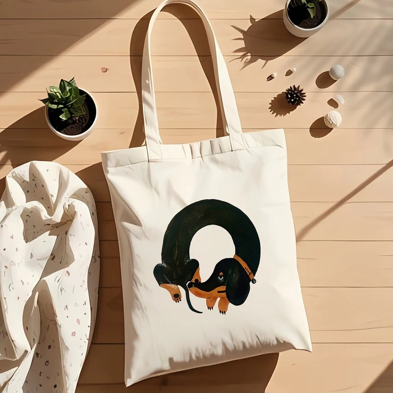 A cute Dachshund-print tote bag，Casual travel beach bag，Large-capacity reusable shopping bag，Casual shoulder bag，Handbag，Shoppin