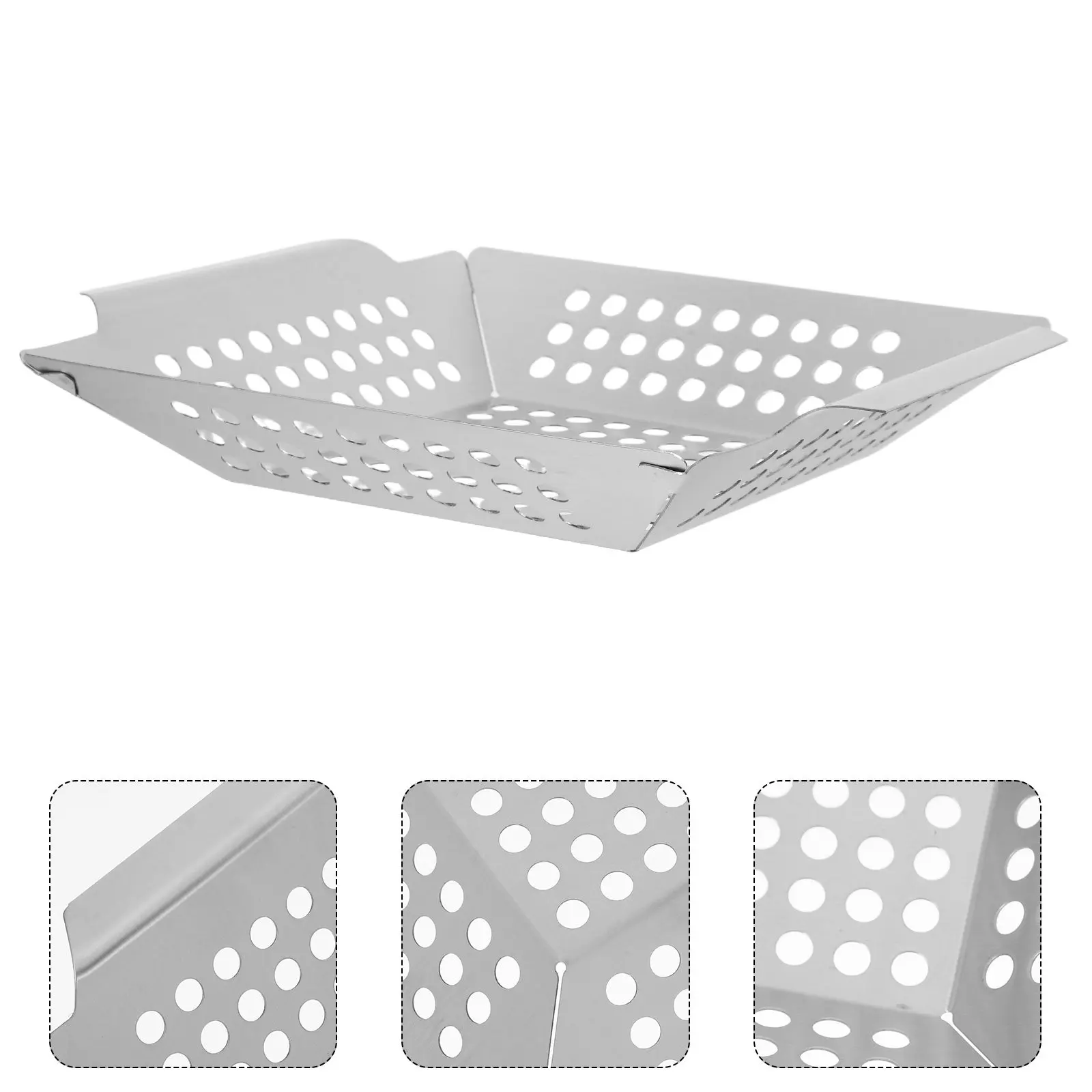 Square Stainless Steel Hollow Grilling Basket with Raised Edges Oil Drainage Seamless Handle for Bbq Vegetables Fish Shrimp Meat