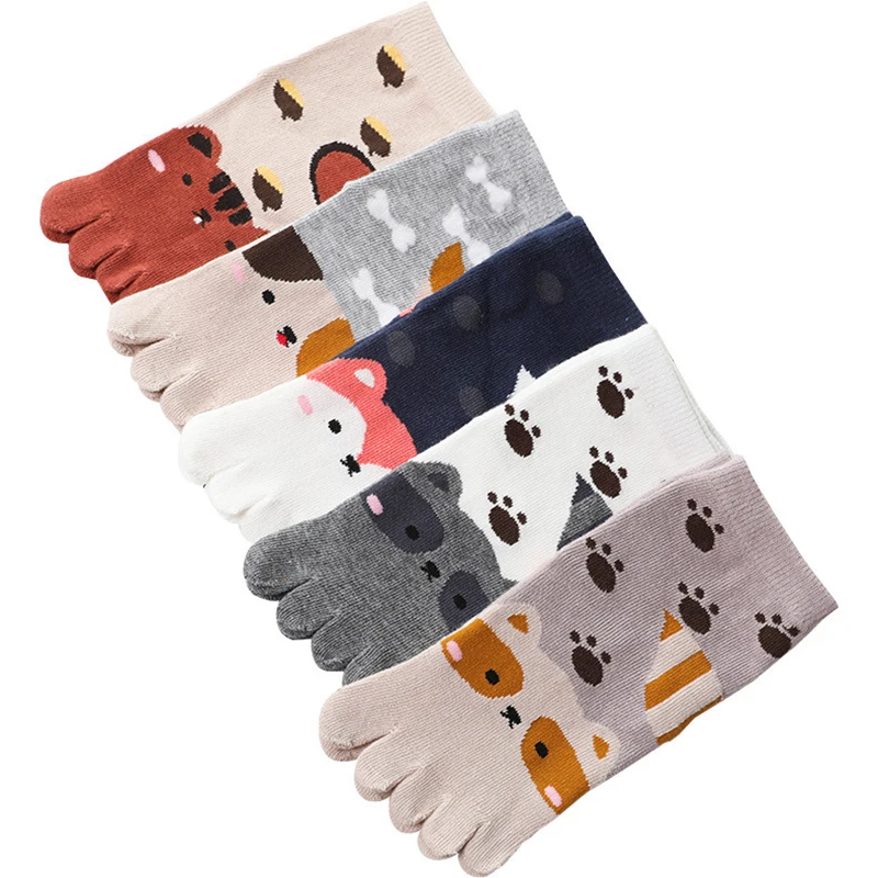 3-12T Cute Boys Girls Five Fingers Toe Socks Kids Cartoon Animals Printed Cotton Short Socks Split Thumb Toe Socks for Children