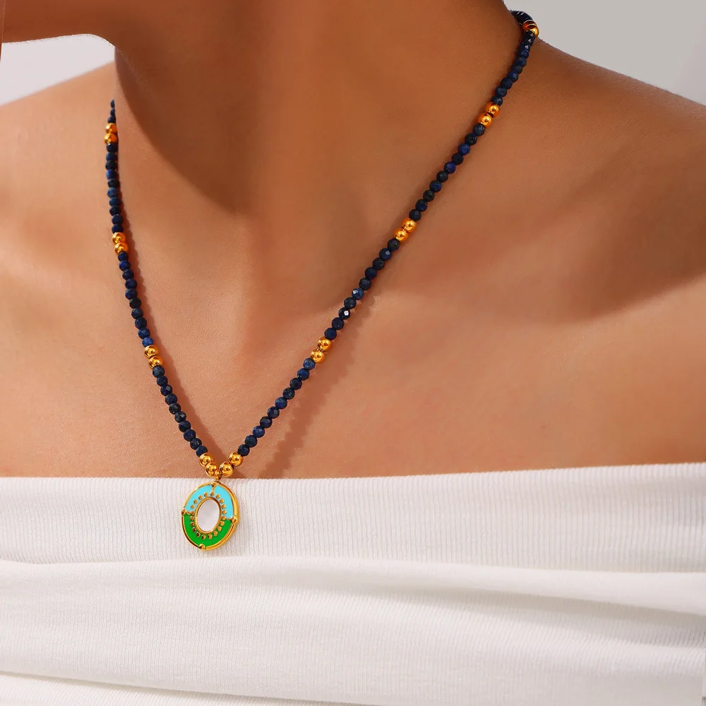 Necklace Set For Fashion Women Stainless Steel Colorful Nature Stone Chain Beaded Luxury Jewelry Party Wedding Gift
