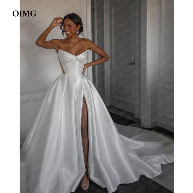 OIMG Elegant Satin A Line Long Wedding Dresses Sleeveless Princess Beach Bridal Gowns Formal Dress 2023 Robe de mariage AliExpress