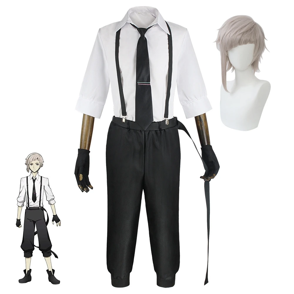 Bungou-Anime Nakajima Atsushi Cosplay Traje, Peruca de terno completo, Roupa para dramatização, Gravata superior, Luvas, Cinto, Calças, Cães vadios, Dia das Bruxas