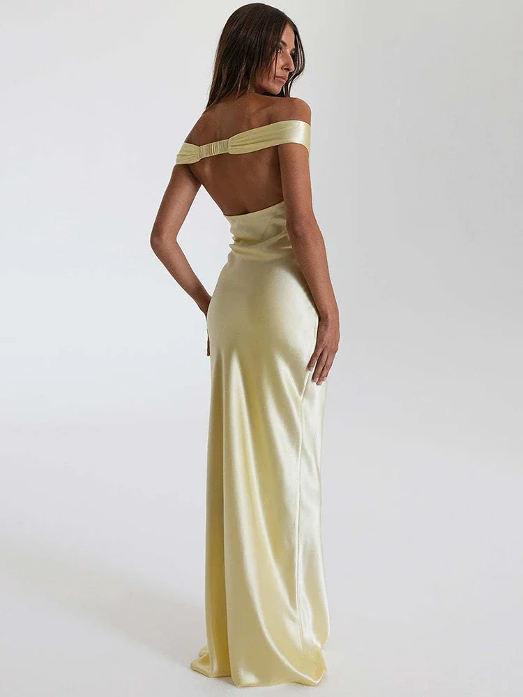 Chaxiaoa cetim fora do ombro sem costas sexy maxi vestido feminino moda sem alças sem mangas cintura alta clube festa vestidos longos