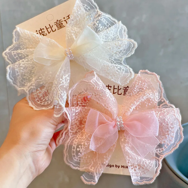 White Pink Lace Big Bow Hair Clips for Kids Girls Princess Side Clip Headwear Soft Non Slip Secure Sweet Cute Daily Wear Premium