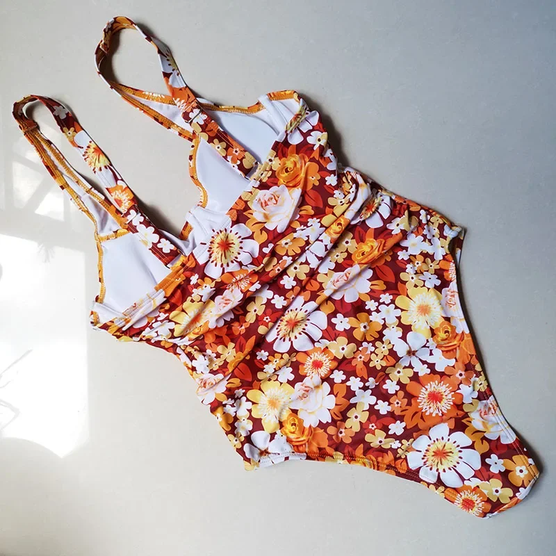 Floral Printed One Piece Swimsuit Women Swimwear High Cut Monokini High Waist Bathing Suit Sexy Underwired Bodysuit Beach Wear