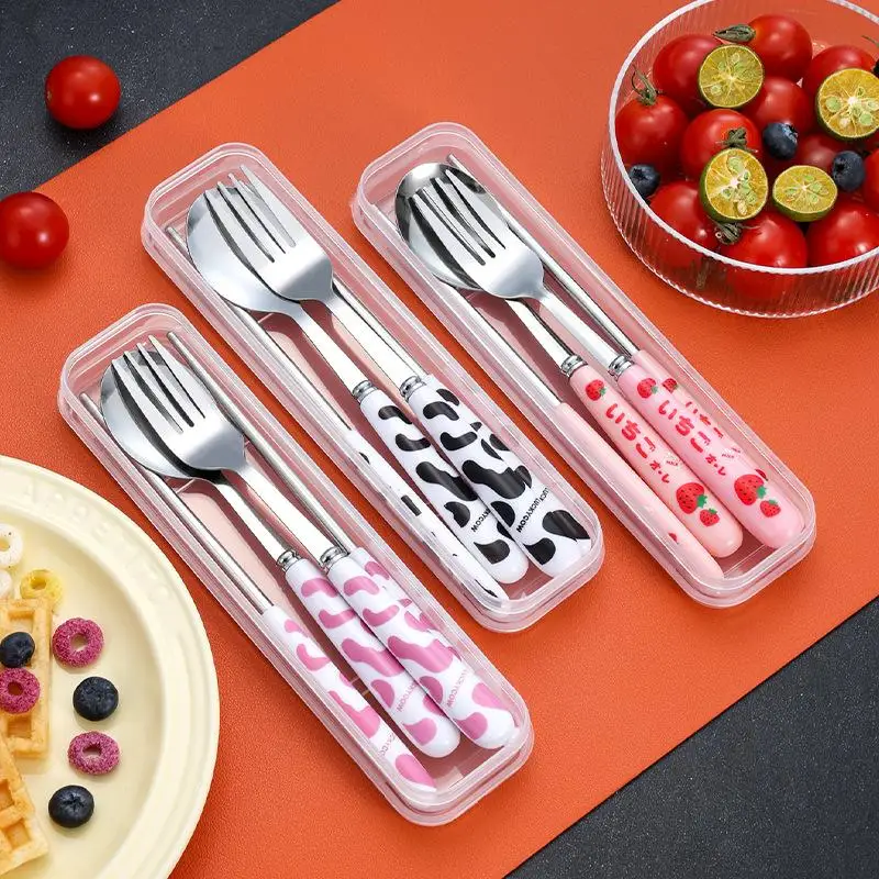 ملعقة شوكة عيدان مجموعة مع صندوق تخزين لمكتب مطعم المطبخ أواني السفر اكسسوارات 3 قطعة مجموعة أدوات المائدة المحمولة #4