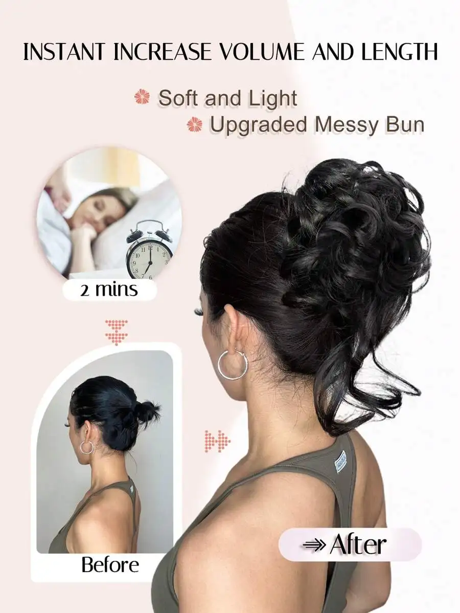 

Messy Bun Hair Clip, Women Messy Wavy Curly Bun Hair Piece, Short Fluffy Updo, Synthetic Black Hair Extension,