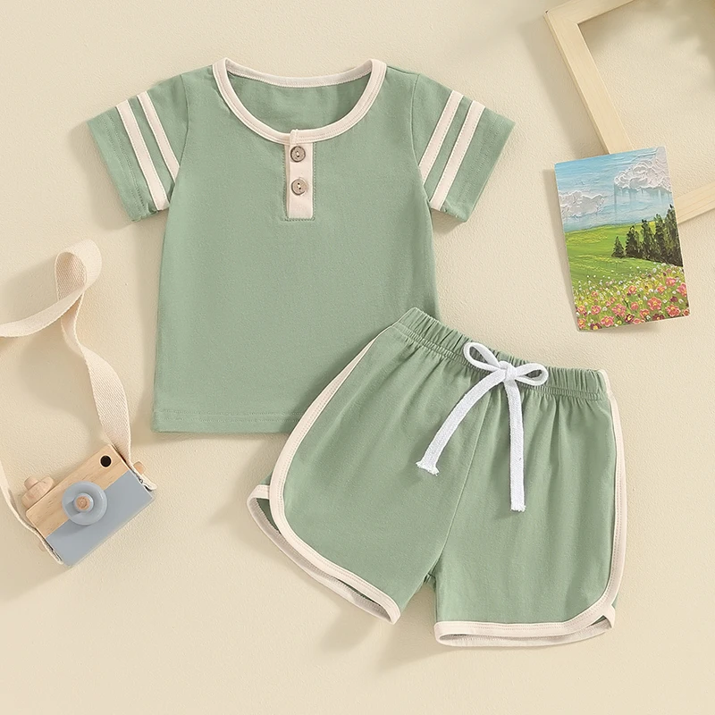 Lioraitiin Toddler Baby Boy Summer Clothes Button O-Neck T-shirt Tops Drawstring Shorts Set Short Sleeve Outfits