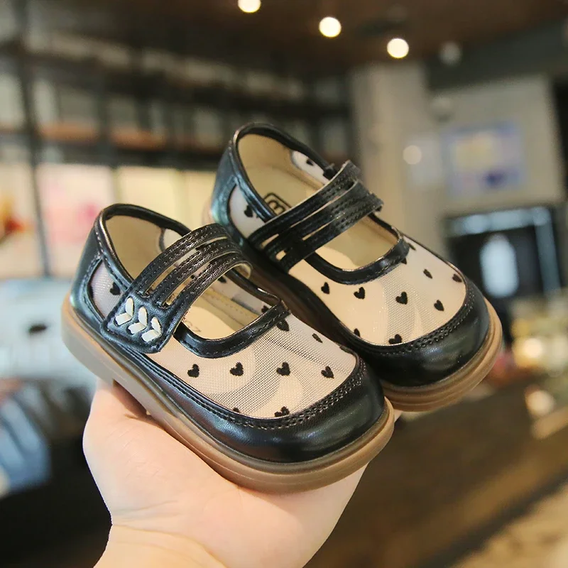Toddler Girls Mary Janes Elegant Heart Mesh Breathable Four Season Children Leather Shoes 22-31 Princess Heart-shaped Kids Shoes