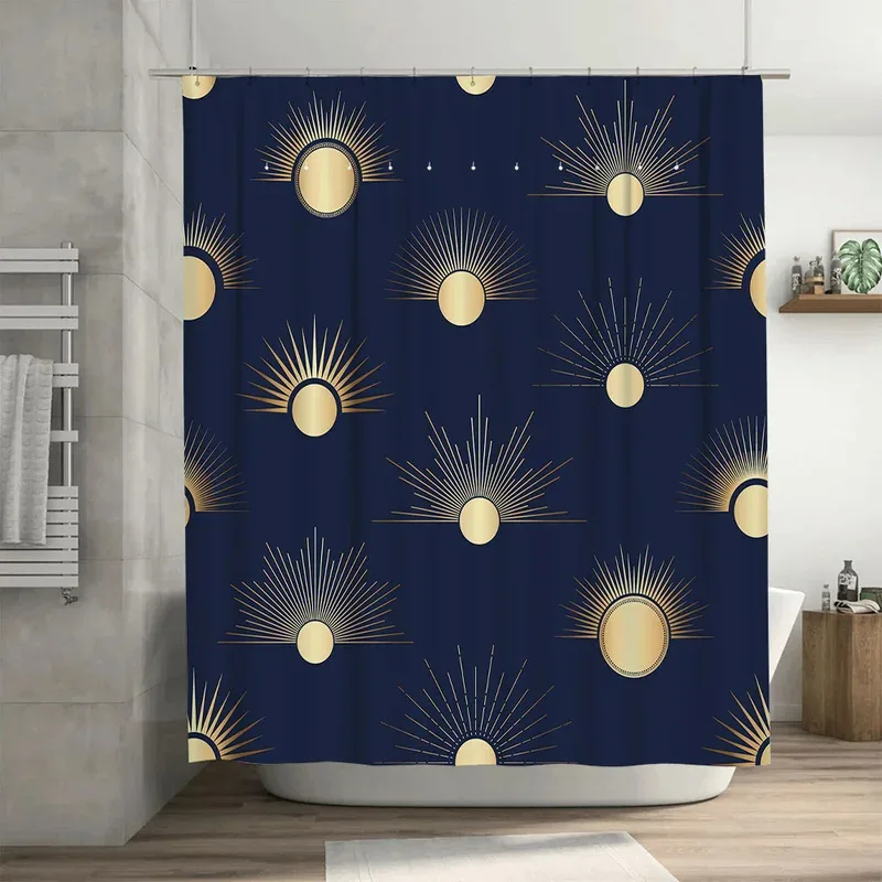 

JHB23Gold Sunburst Shower Curtain Navy Blue Bath Decor for Home Living Room Waterproof Fabric with Rings Modern Style Bathro9Kj(