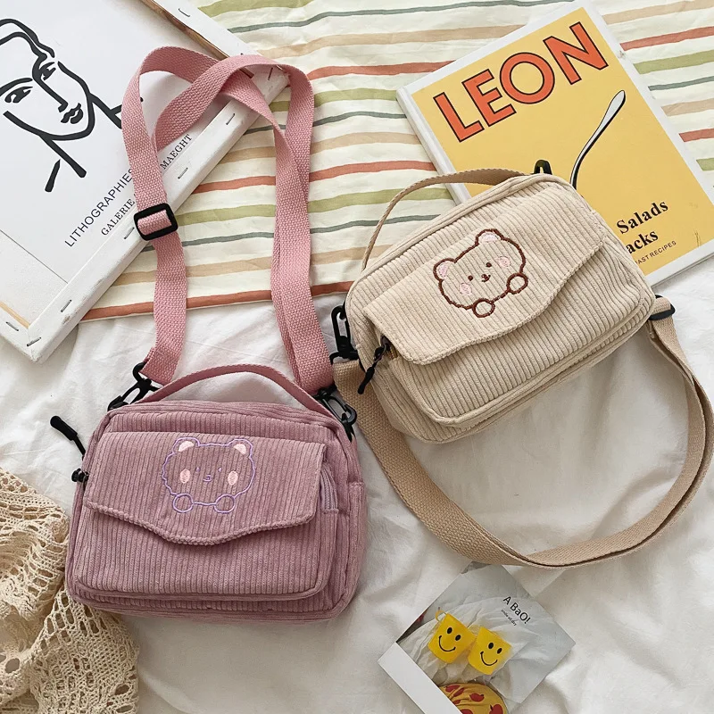 Personalized Teddy Bear Embroidered Diagonal Shoulder Bag, Corduroy Leisure Bag, WOMEN'S Crossbody Bag