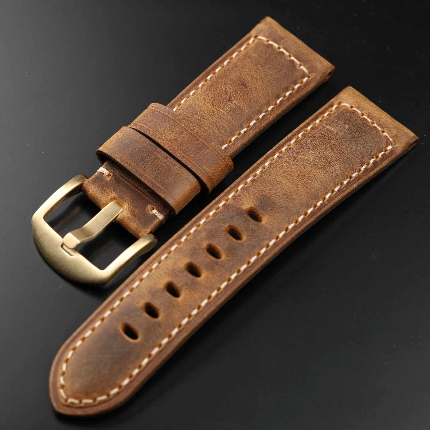 Handgefertigtes High-End-Armband aus italienischem Rindsleder, 20 mm, 22 mm, 24 mm, Vintage-Vintage-Verschluss aus reinem Kupfer, braunes Herrenarmband im rauen Stil