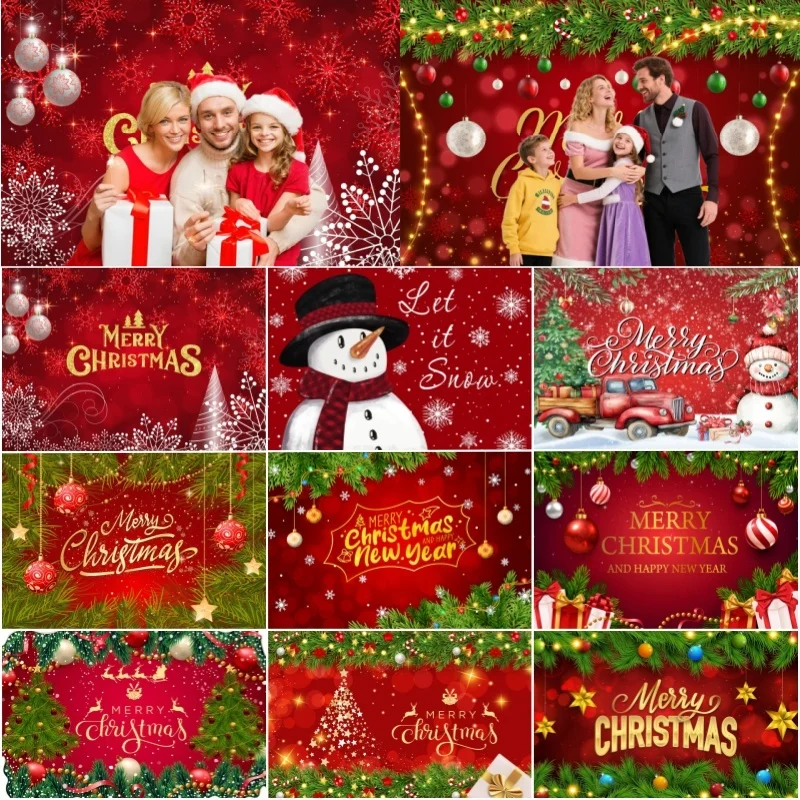 Red Christmas Photo Photography Backdrop Winter Snowflake Xmas Tree Gifts Snowman Bells Kid Family Party Decor Backgrounds Props