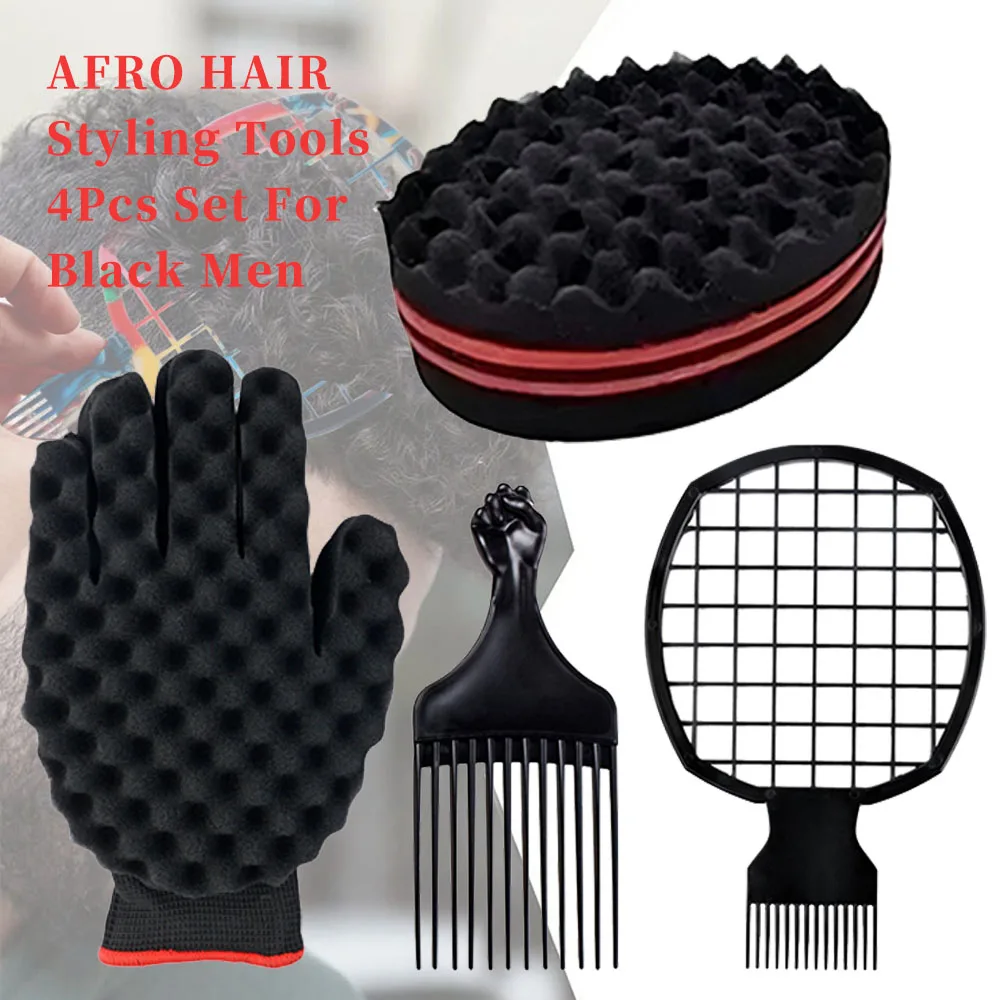

4PCS Set Afro Barber Curly Hair Sponge Gloves Brush Plastics Pick Afro Comb Fluffy Hair Net Comb Styling Tools Set For Black Men