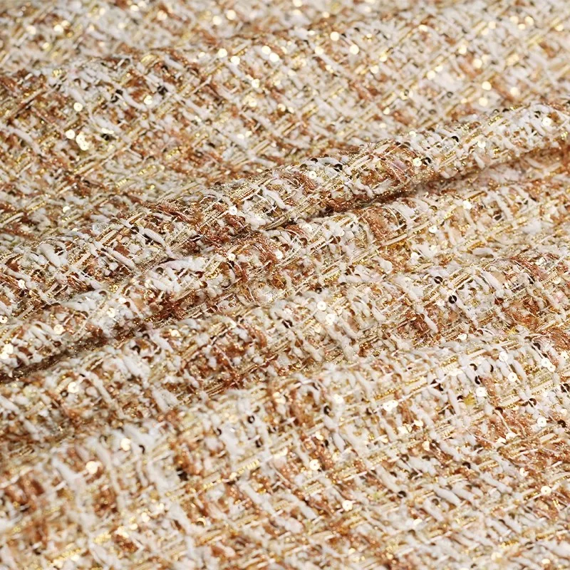 

Gold and Camel Color Jacquard Yarn-Dyed Braided Sequin Tweed Fabric For Autumn Jacket Dress Suits Coat DIY Cloth Sewing Material
