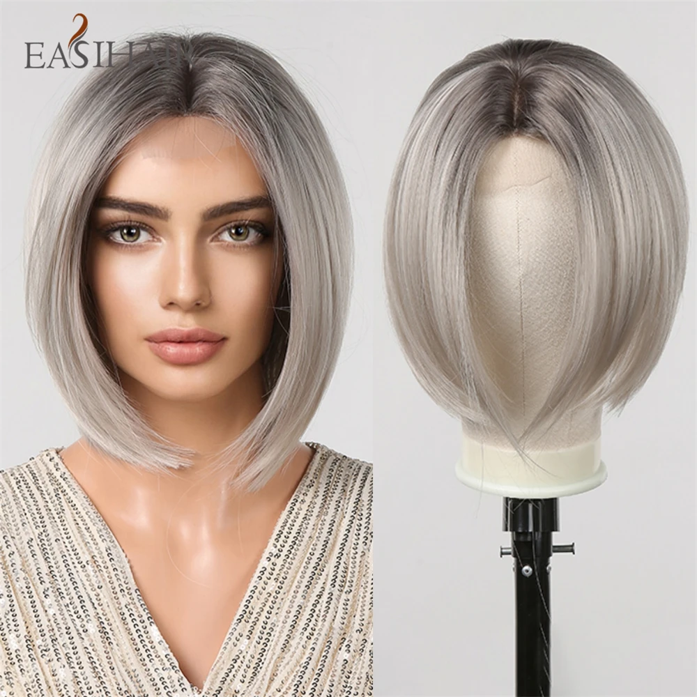 EASIHAIR-Peluca de cabello sintético resistente al calor, parte media de encaje de postizo, corte Bob corto, color rubio y gris plateado, para uso