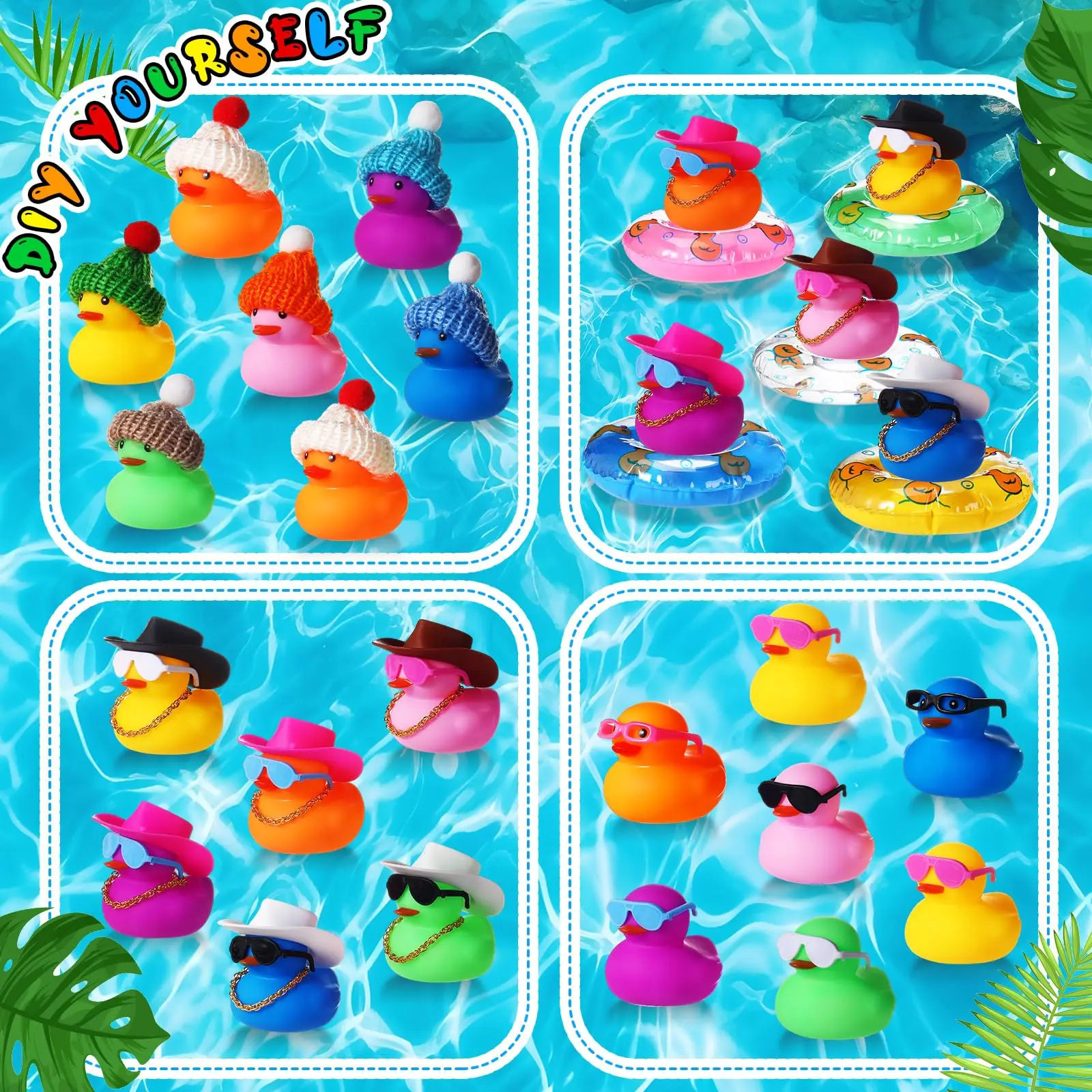 140Pcs Rubber Mini Duck Bulk Summer Rubber Duck Sunglasse/Necklace/Hat/Swim Circle/Hat/Bath Toy for Baby Shower Swim Party Gift