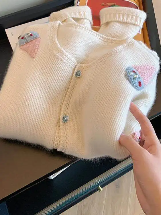 

Sweet Cute Ice Cr Knitted Open Cardigan Casual Loose Long Sve Autumn Sweater Jaet for Commuting High Waist Long Pants