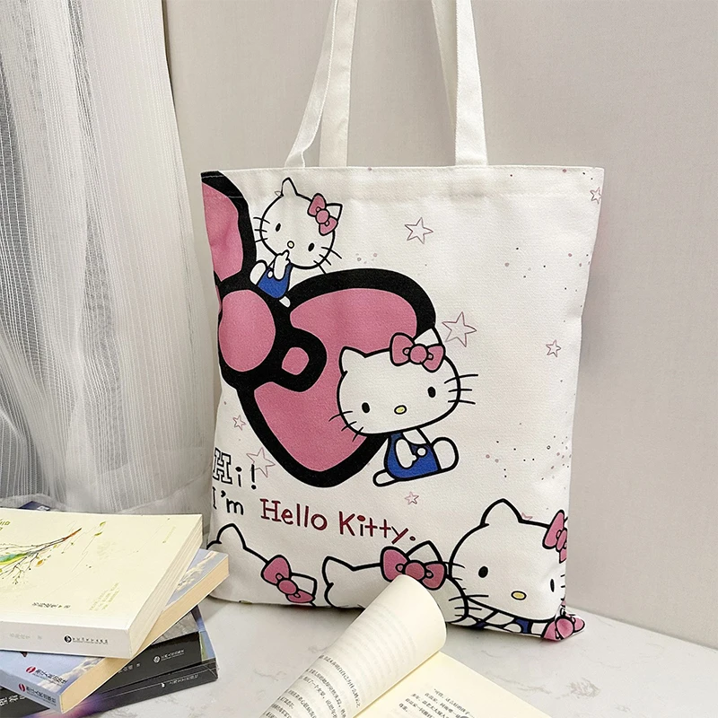 Cartoon Hello Kitty Canvas Bag Kawaii Sanrio Portable Handbag Large Capacity Women Shopping Bags Storage Bag