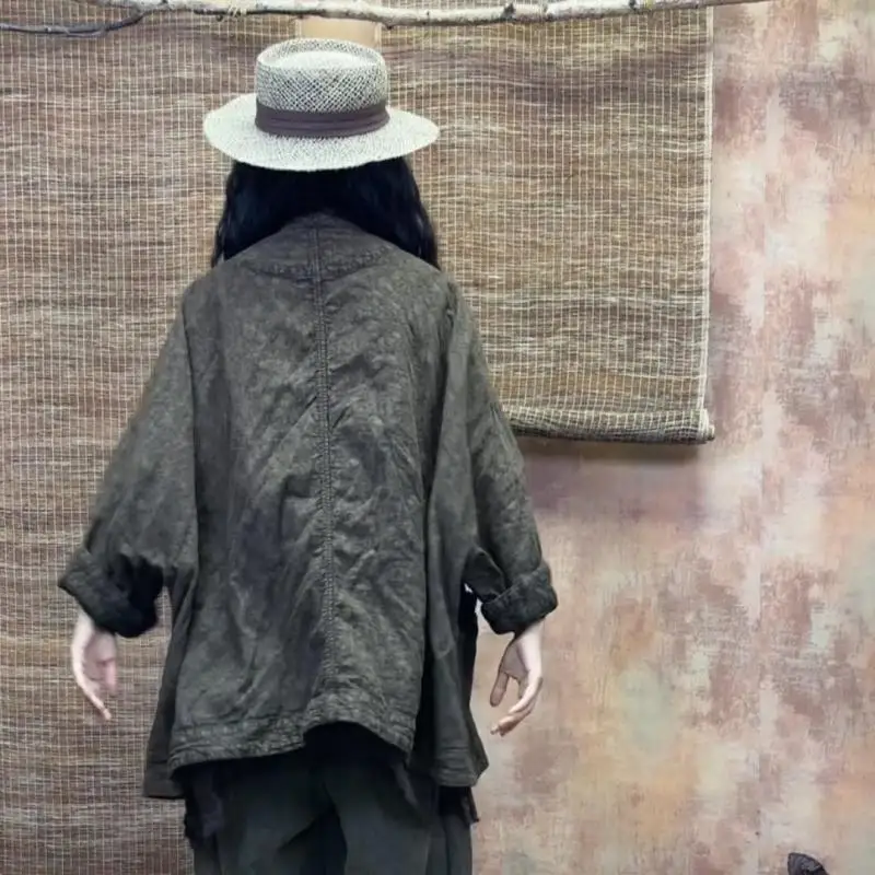 جديد الخريف الفنون نمط المرأة الخامس الرقبة جاكيتات كلاسيكية جيوب مزدوجة فضفاضة جلد القطن الكتان معاطف عالية الجودة