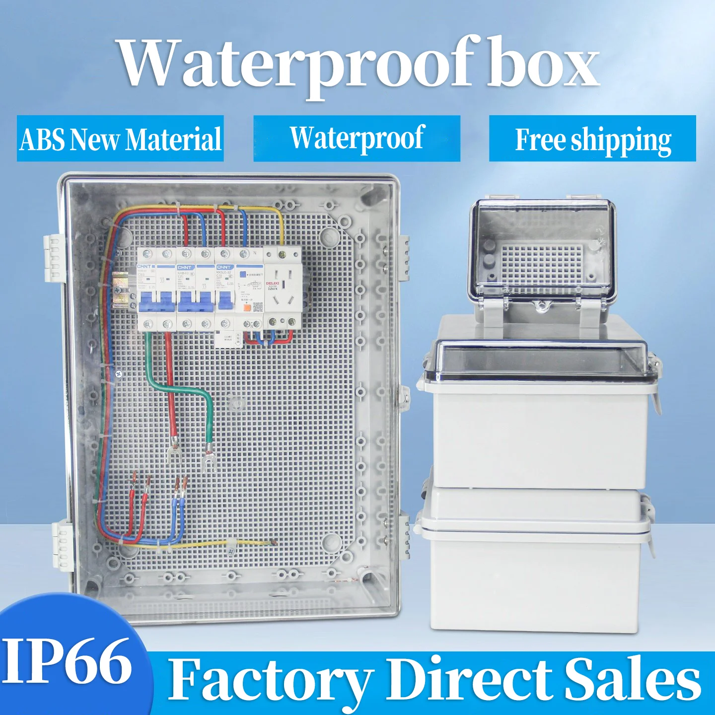 Outdoor IP66 Wasserdichter elektrischer Verteilerkasten aus Kunststoff, ABS-Grau/transparentes Abdeckgehäuse mit Scharnier für Stromanschluss