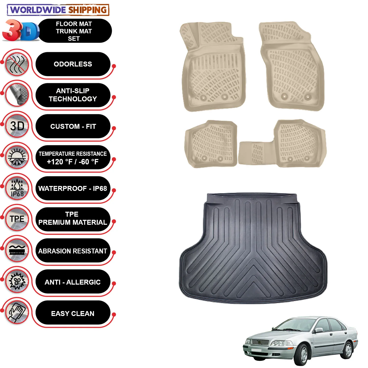 

Volvo S40 - (1996-2004) - Floor Mats + Cargo Trunk Liner - SET - (Beige)