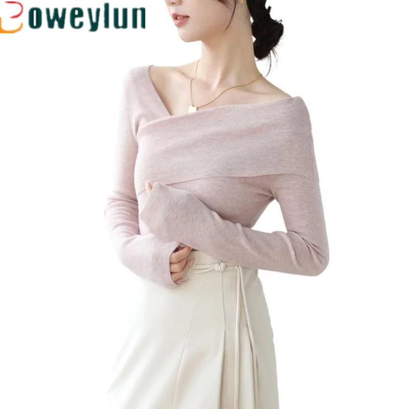 

Boweylun Autumn New Solid Colour One-line Collar Long-sleeved T-shirt Women French Retro Knitwear Pullover Women