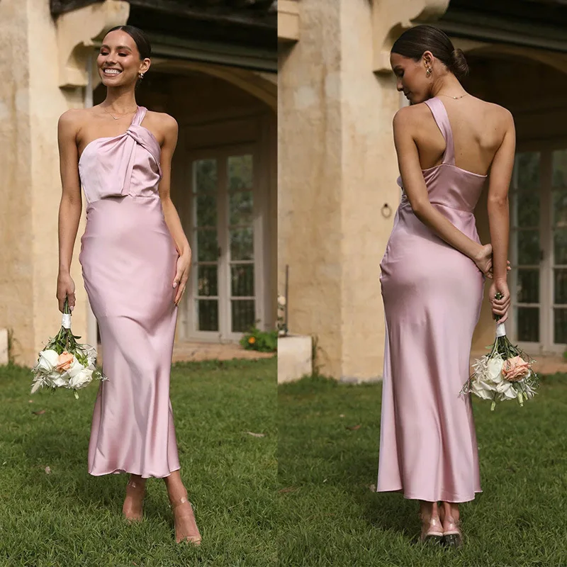 Satin Slim Party Dress Women Solid Color Sleeveless Off Shoulder Sexy Bodycon Long Dresses Ladies Elegant Evening Party Vestidos