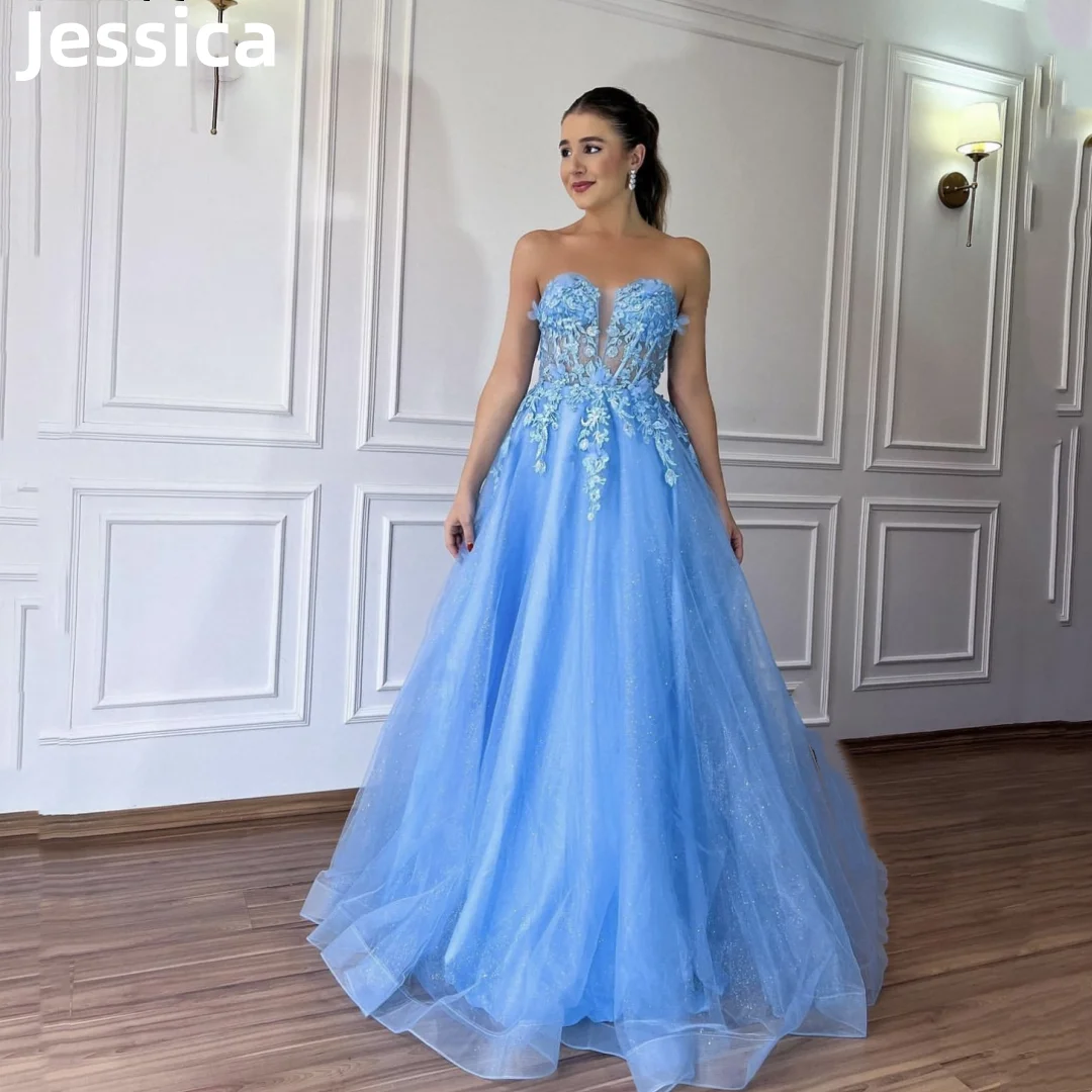 

Jessica Blue Embroidery Prom Dress Evening Dresses Glitter Tulle Prom Dresses Elegant Lady Party Dresses 2024Wedding Dress