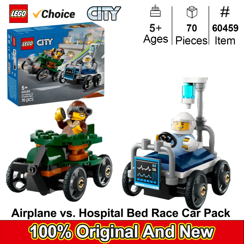 

LEGO 60459 Городской самолет против больничной кровати, гоночный автомобиль, игрушка для мальчиков и девочек, подарок на дни рождения и праздники, 70 шт.