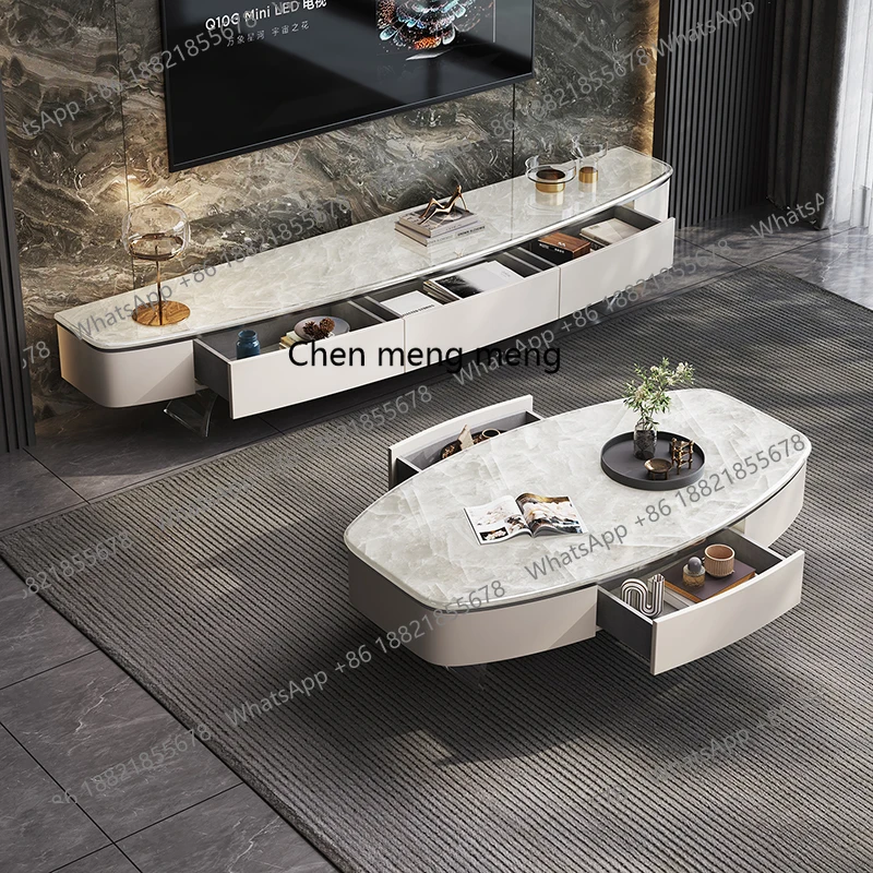 Ice age luxury stone coffee table TV cabinet combination white ice jade natural marble living room coffee table