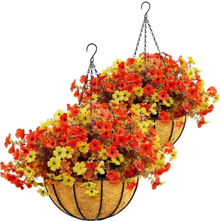 

Pack Outdoor Faux Flowers with 12 Hanging Basket Planters and Foams 24 Bunches of UV Resistant Fade Proof Artificial Yellow Oran