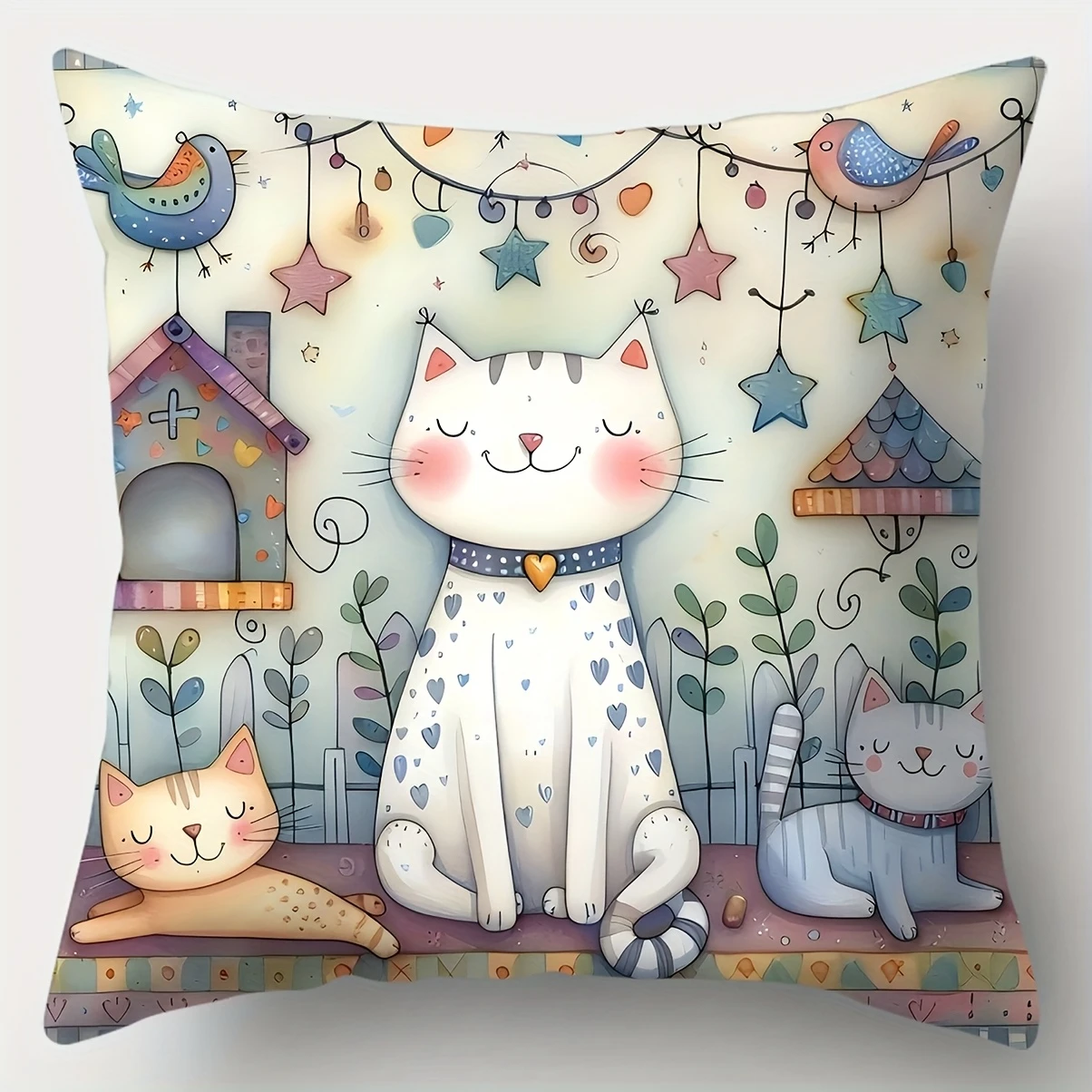 Niedliche Cartoon-Katzen Kissenbezug Verspieltes Kätzchen-Vogel-Print Kissenhülle für Sofa Couch Boho Kinderzimmer Katzenliebhaber Wohndekor Geschenk