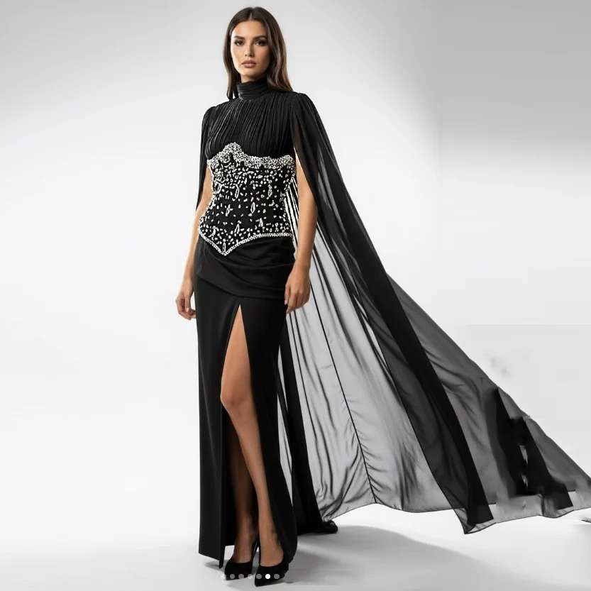 Abito da ballo nero elegante in chiffon dritto a maniche lunghe con mantello Abiti da sera Abito da festa formale da donna con spacco laterale su misura