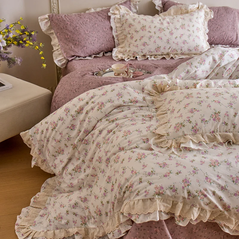 

Двухслойный комплект постельного белья в стиле принцессы с кружевными оборками, 100% хлопок, комплект постельного белья в стиле королевского размера с цветочным принтом, пододеяльник, простыня, наволочки