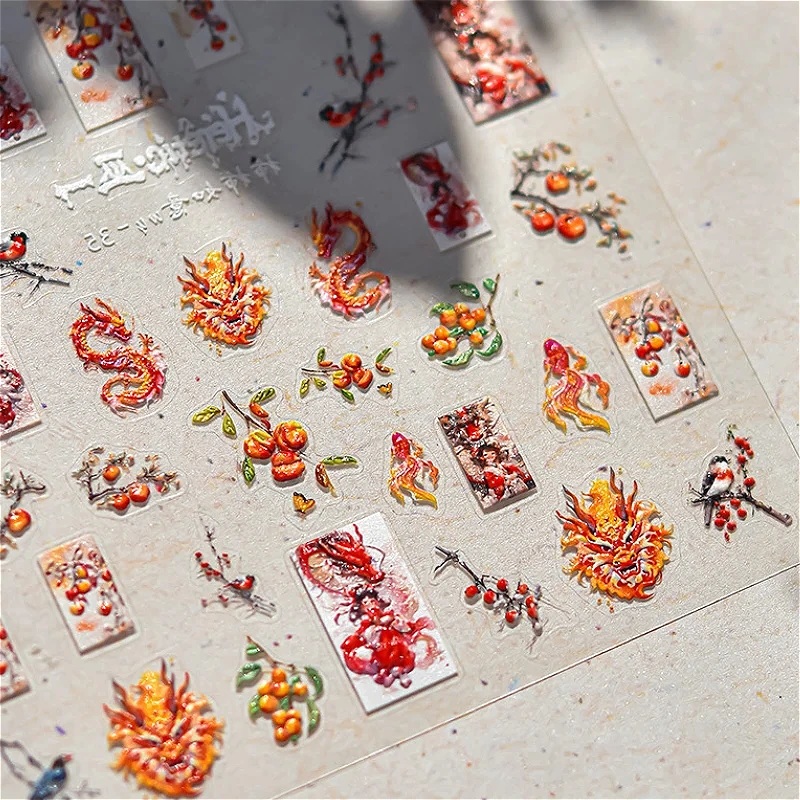 Chinese Dragon Butterfly Goldfish Noble Longan Magpie Traditional Beauty Loong Persimmon Totem Nail Art Stickers Manicure Decals