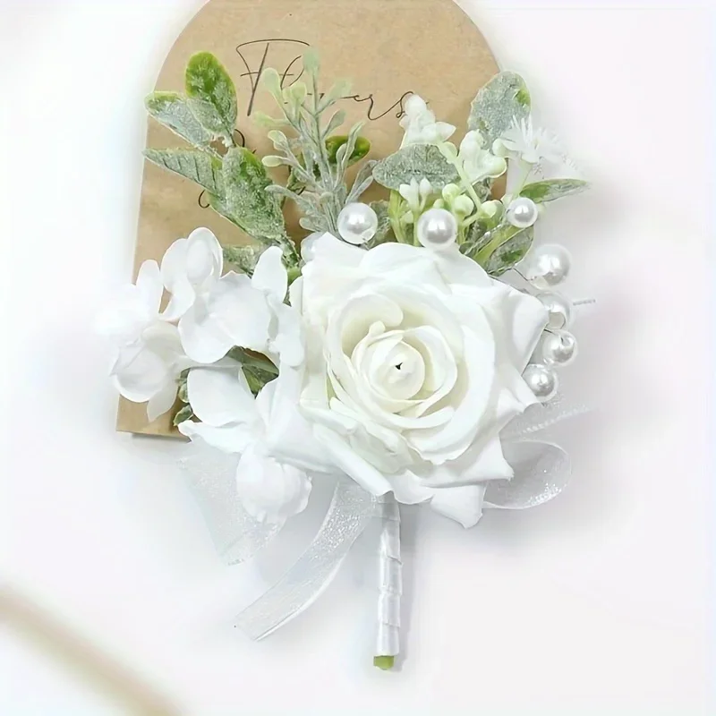 Artificial Roses,Fake White Wrist Corsage,Wedding Bridal Decoration Corsage Wedding