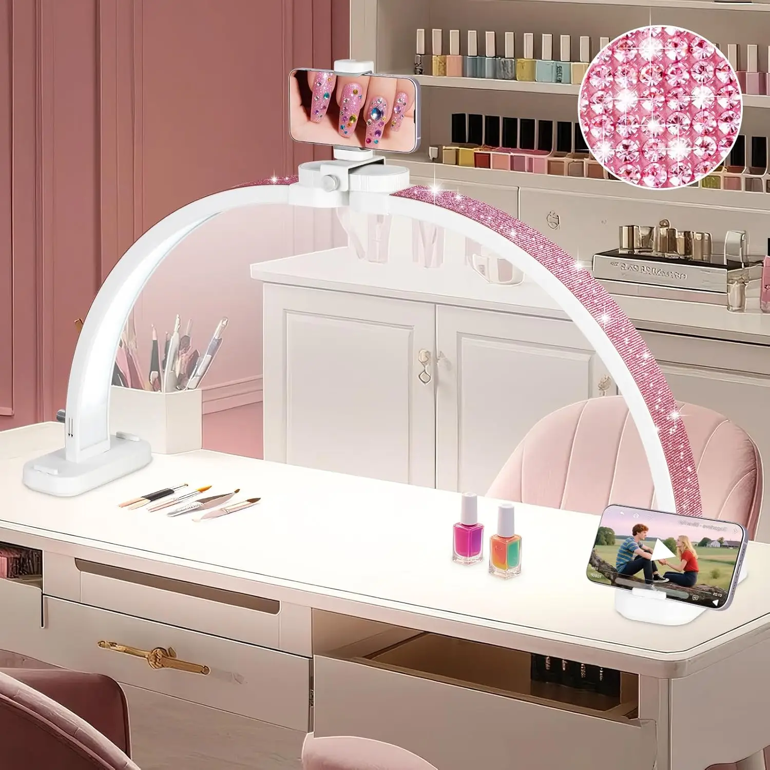 

Супербольшая складная LED-лампа для маникюра в форме полумесяца, 31 дюйм, с подставкой для телефона, для маникюра, рисования, наращивания ресниц - белая