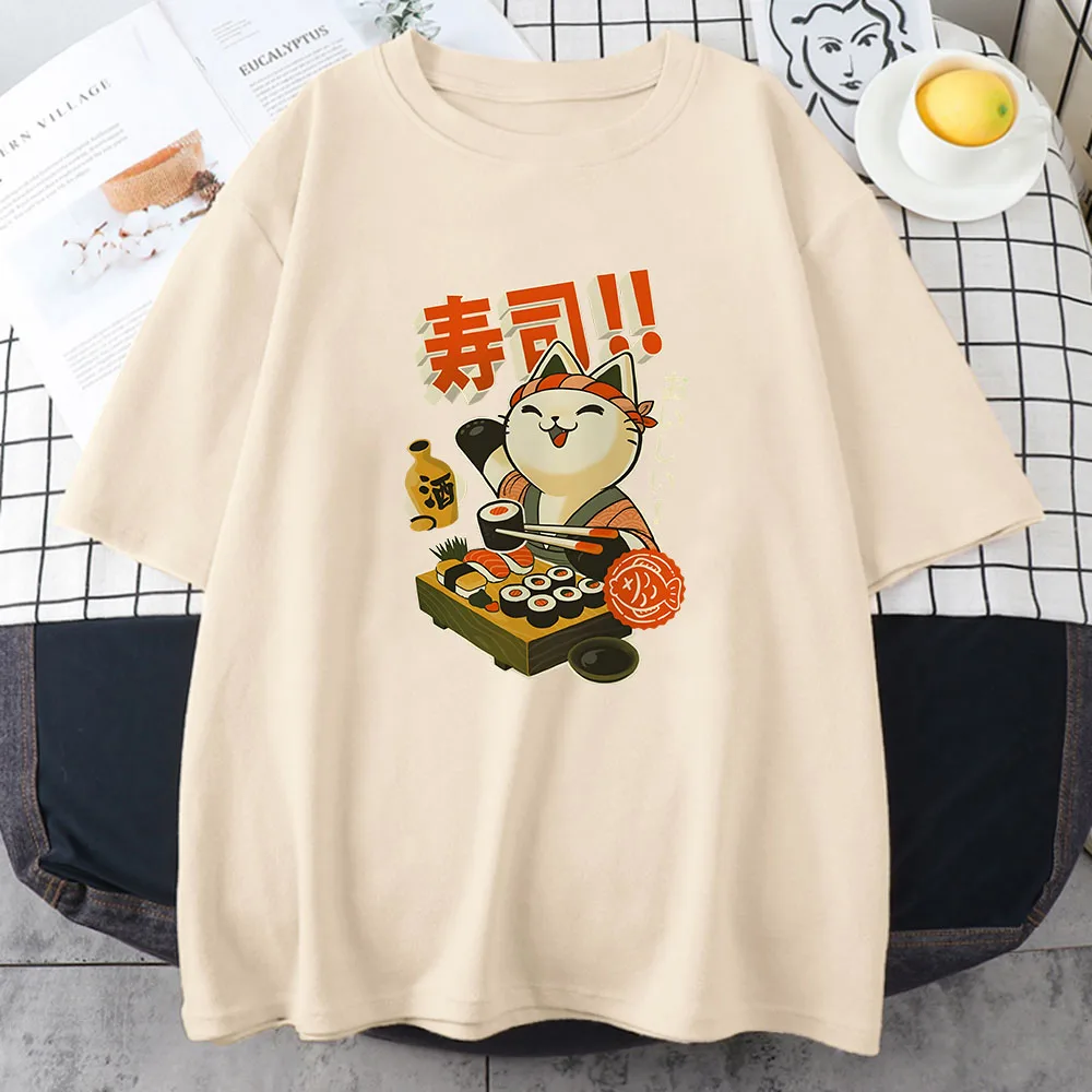 Ukiyoe Kanji Cat Japanese Style T-shirt Cotton High Quality Female Tee-shirt Short Sleeve Soft Women/Men Tees Cartoon Printing