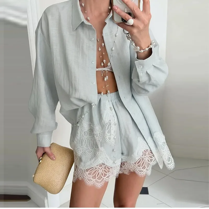 

Lace Patchwork Shorts Shirts Set Women Loose Lace Patchwork Elastic Waist Solid Set Female Casual Daily Outfit Vacation Outfits