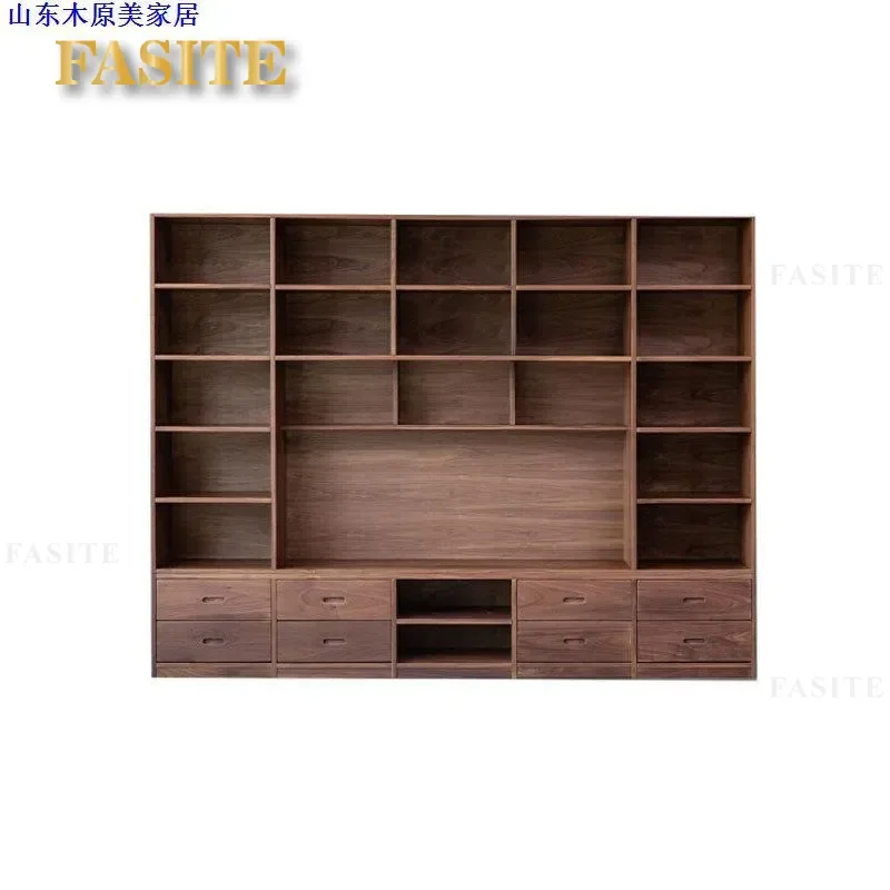 For Nordic Solid Wood Black Walnut Bookcase Modern Simple Japanese Log Cherry Wood Bookshelf Full Wall Storage Cabinet