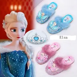 Disney Girls Cotton Slippers Princess Cartoon Frozen Elsa Print Children Lovely Soft Warm Flat Kids Indoor Home Bedroom Shoes