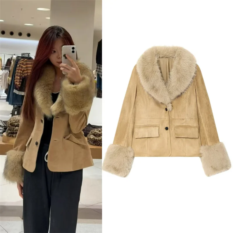 

Women's Coat 2025 Winter New Style Khaki Long-Sleeve Suede-Like Faux Fur Slim-Fit Blazer Fashionable and Trendy