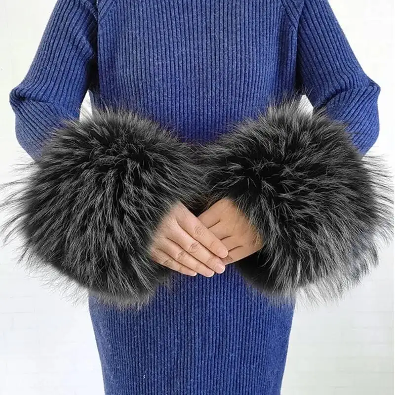 New Ladies Raccoon Arm Warmers Sets Natural Color Real Raccoon Fur Cuffs Ladies Coat Arm Sets Winter Sleeves Sleeve Wrist Warmer