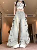 Women's Blue Multi Pocket Cowboy Pants Cargo Y2K Japanese Harajuku Streetwear Aesthetics Retro 90S Jeans Pants Clothing 2025 New 6