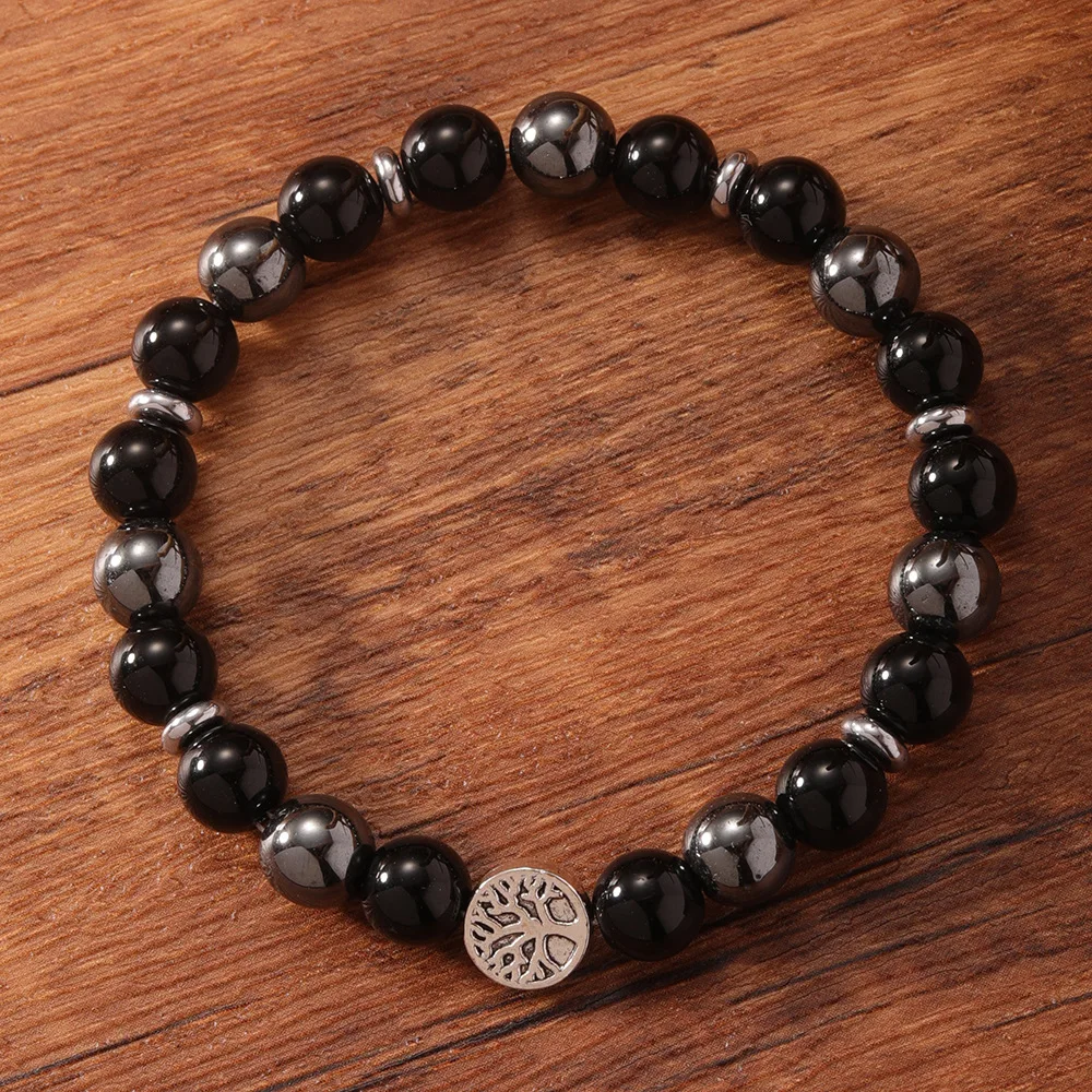 10pcs Tree of Life Charms Hematite Men's Bracelet 8mm Black Stone Beaded Energy Bracelet Bulk Wholesale for Retailers