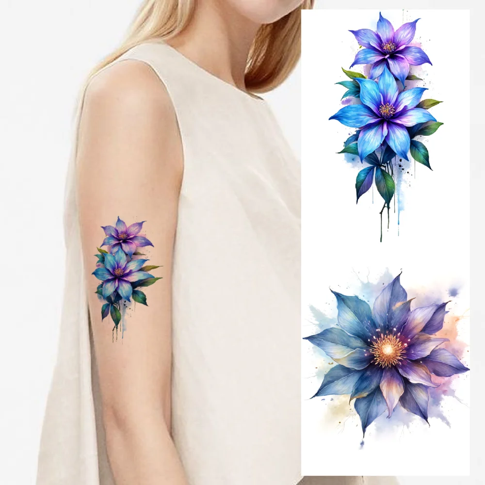 

9pcs Temporary Tattoo Cherry Blossom Waterproof Long-lasting Body Stickers Lavender Iris Watercolor Lotus For Children
